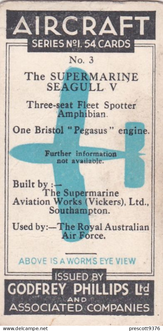 3 Supermarine Seagull - Aircraft Series 1938 - Godfrey Phillips Cigarette Card - Original - Military - Phillips / BDV