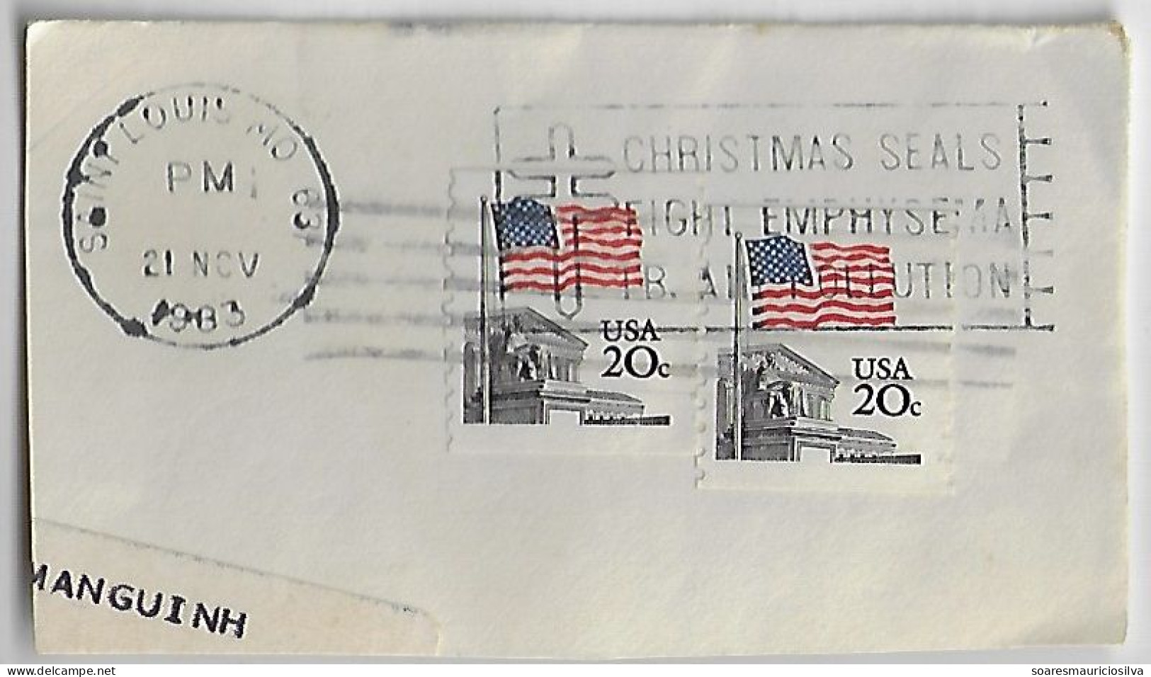 USA 1983 Cover Fragment 2x20 Cents Stamp Slogan Cancel Christmas Seals Fight Emphysema Tuberculosis Air Pollution - Inquinamento