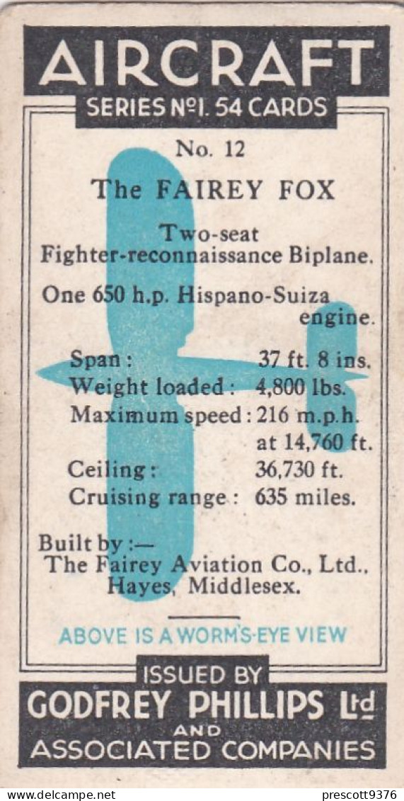 12 Fairey Fox - Aircraft Series 1938 - Godfrey Phillips Cigarette Card - Original - Military - Phillips / BDV