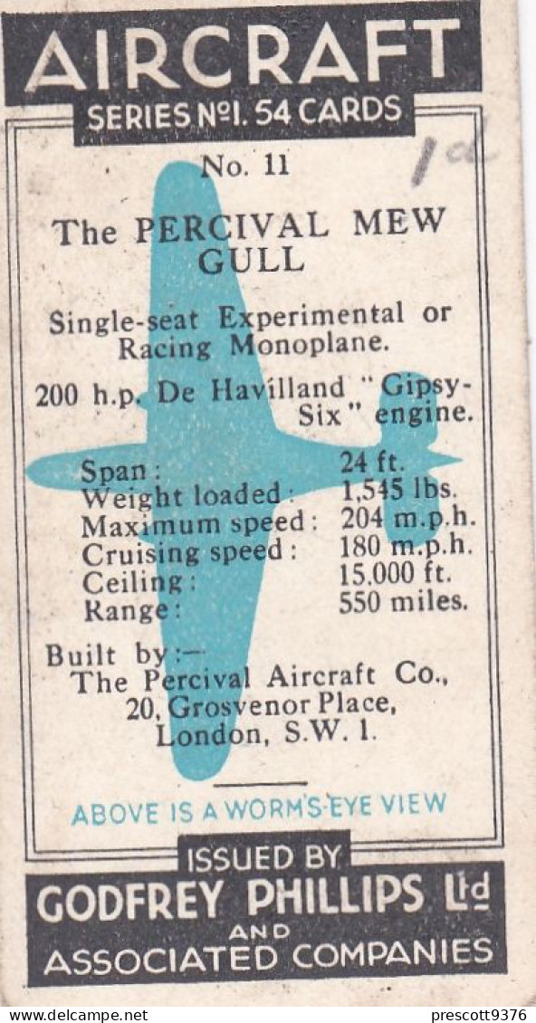 11 Percival Mew Gull - Aircraft Series 1938 - Godfrey Phillips Cigarette Card - Original - Military - Phillips / BDV