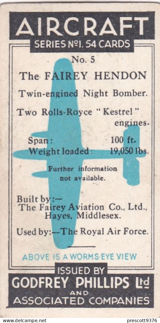5 Fairey Hendon, Bomber - Aircraft Series 1938 - Godfrey Phillips Cigarette Card - Original - Military - Phillips / BDV