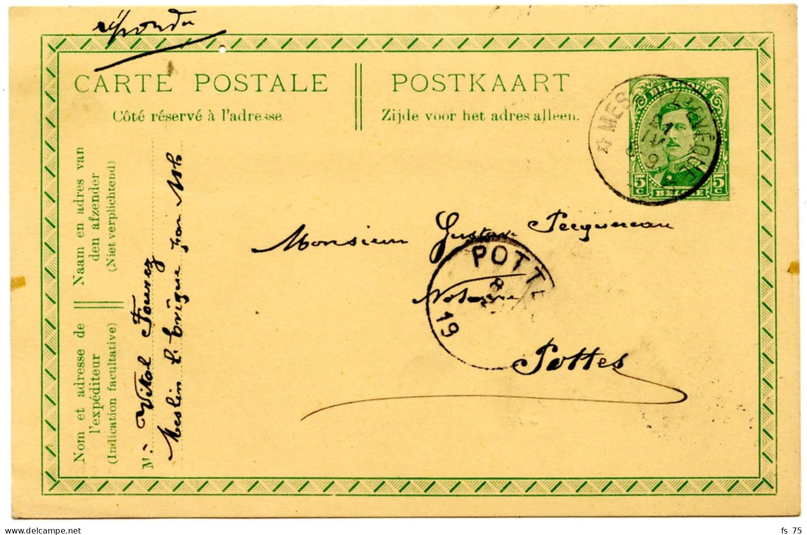 BELGIQUE - SIMPLE CERCLE RELAIS A ETOILES MESNIN-L'EVEQUE SUR ENTIER CARTE POSTALE 5C ALBERT 1ER, 1919 - Postmarks With Stars