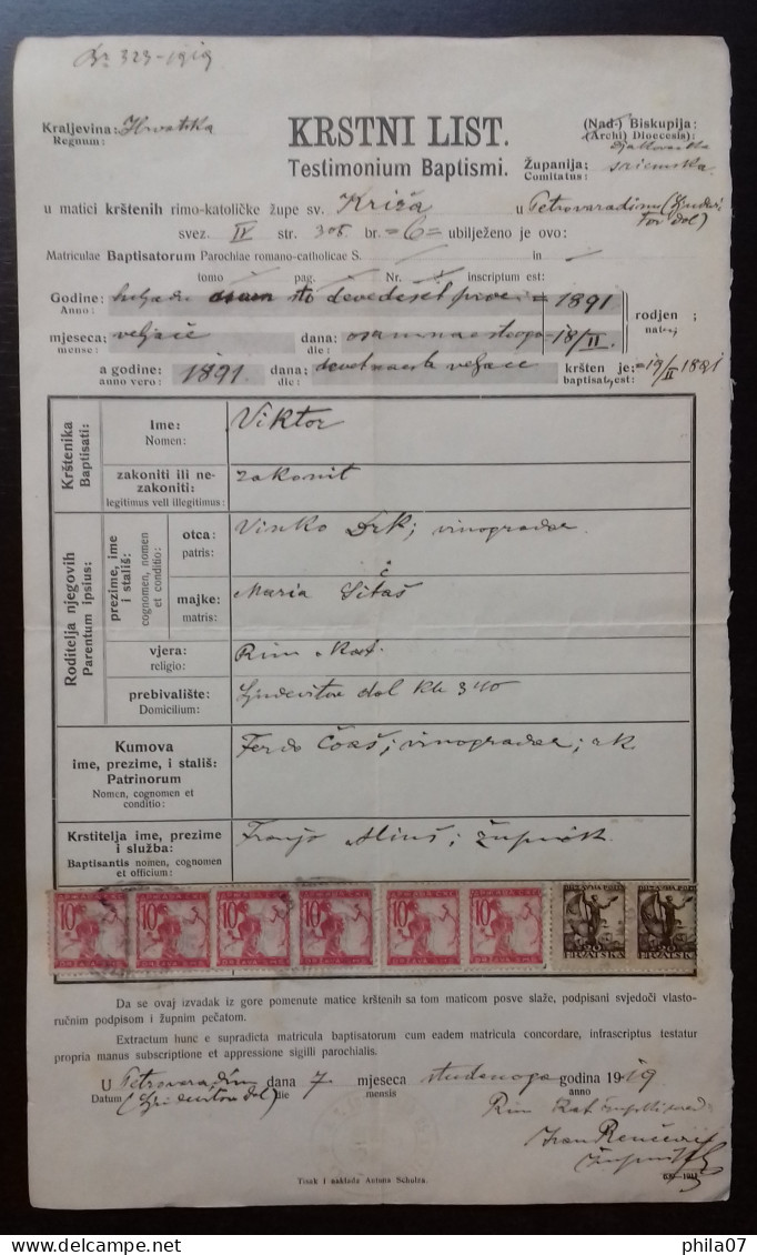 Kingdom Of Yugoslavia - Church Document, Franked With SHS Stamps Of Croatia And Slovenia Instead Of Revenue Stamps - Other & Unclassified