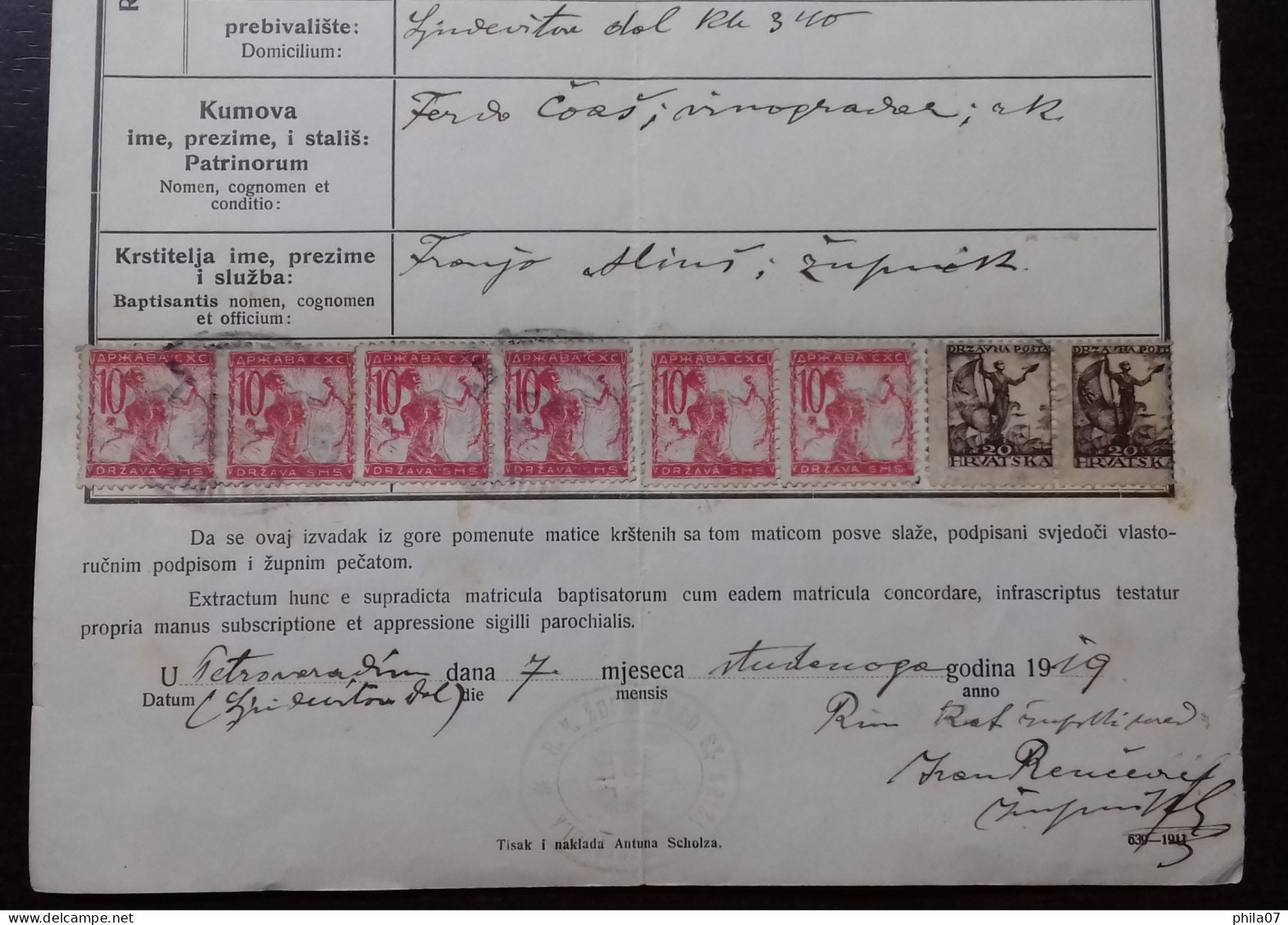 Kingdom Of Yugoslavia - Church Document, Franked With SHS Stamps Of Croatia And Slovenia Instead Of Revenue Stamps - Other & Unclassified