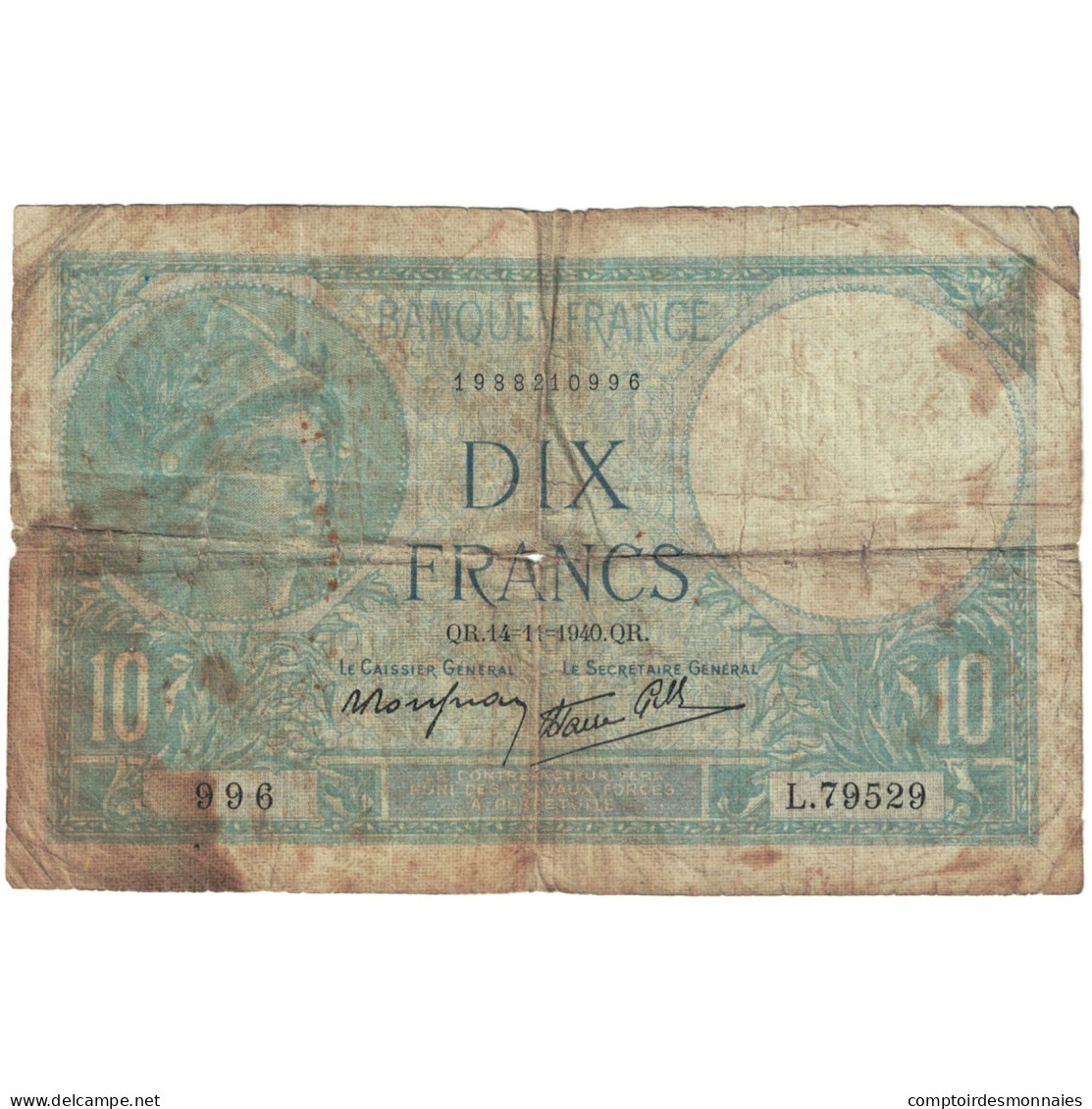 France, 10 Francs, Minerve, 1940, L.79529, B, Fayette:07.20, KM:84 - 10 F 1916-1942 ''Minerve''