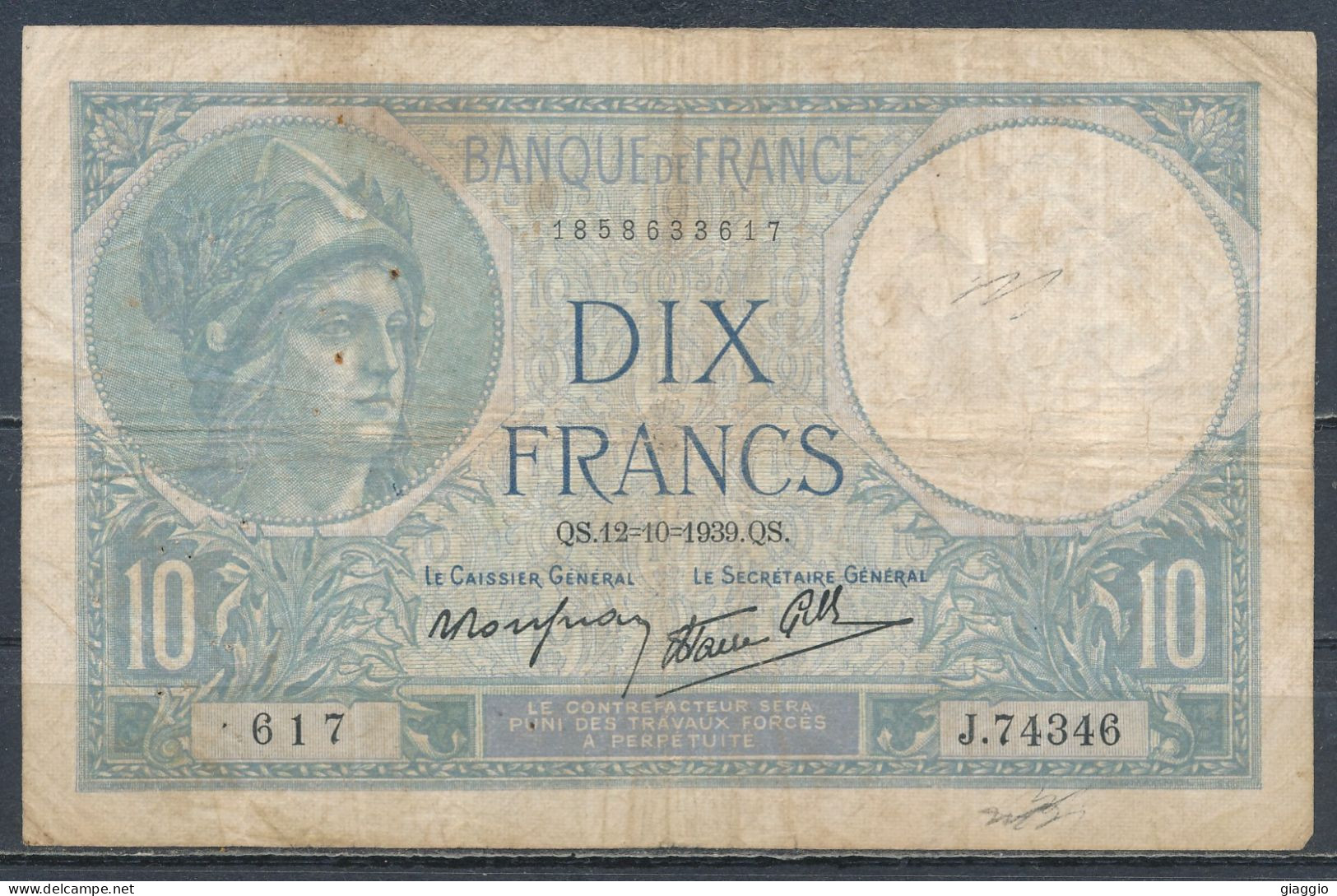 °°° FRANCE 10 FRANCS 12/10/1939 °°° - 10 F 1916-1942 ''Minerve''