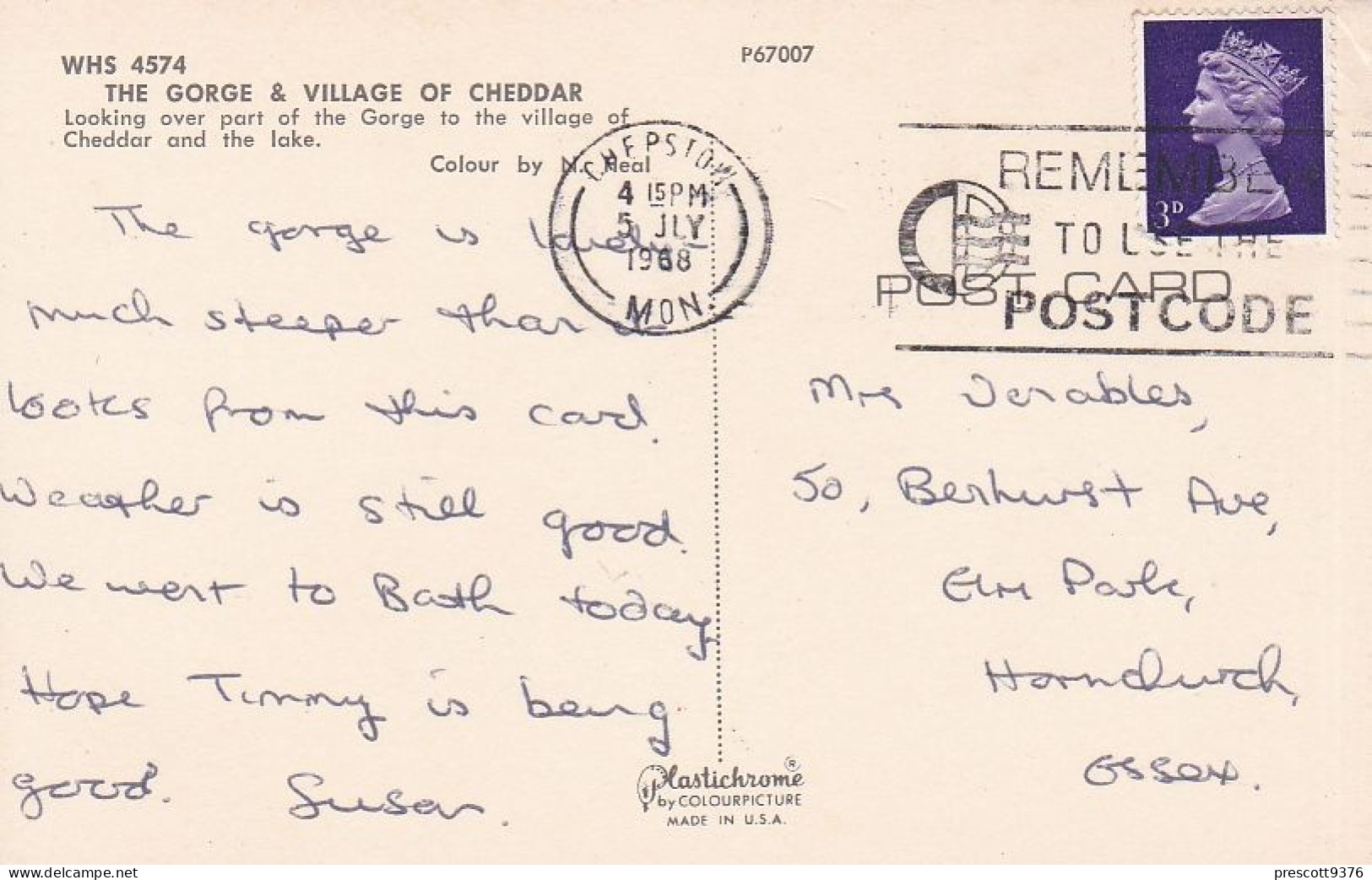 Cheddar Gorge & Village, Somerset  - Used Postcard, UK, Stamped 1968 - Wells