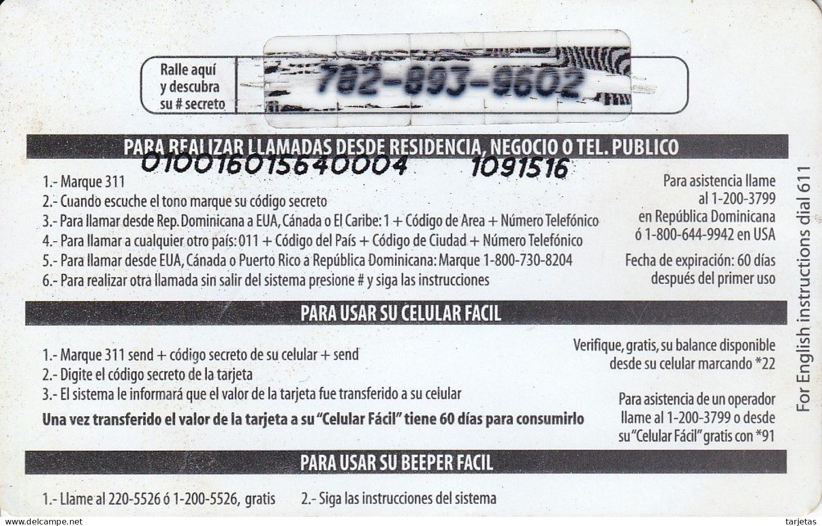 TARJETA DE REPUBLICA DOMINICANA DE COMUNICARD DE CODETEL $25 (NUMERACION CONTROL ARRIBA) - Dominik. Republik