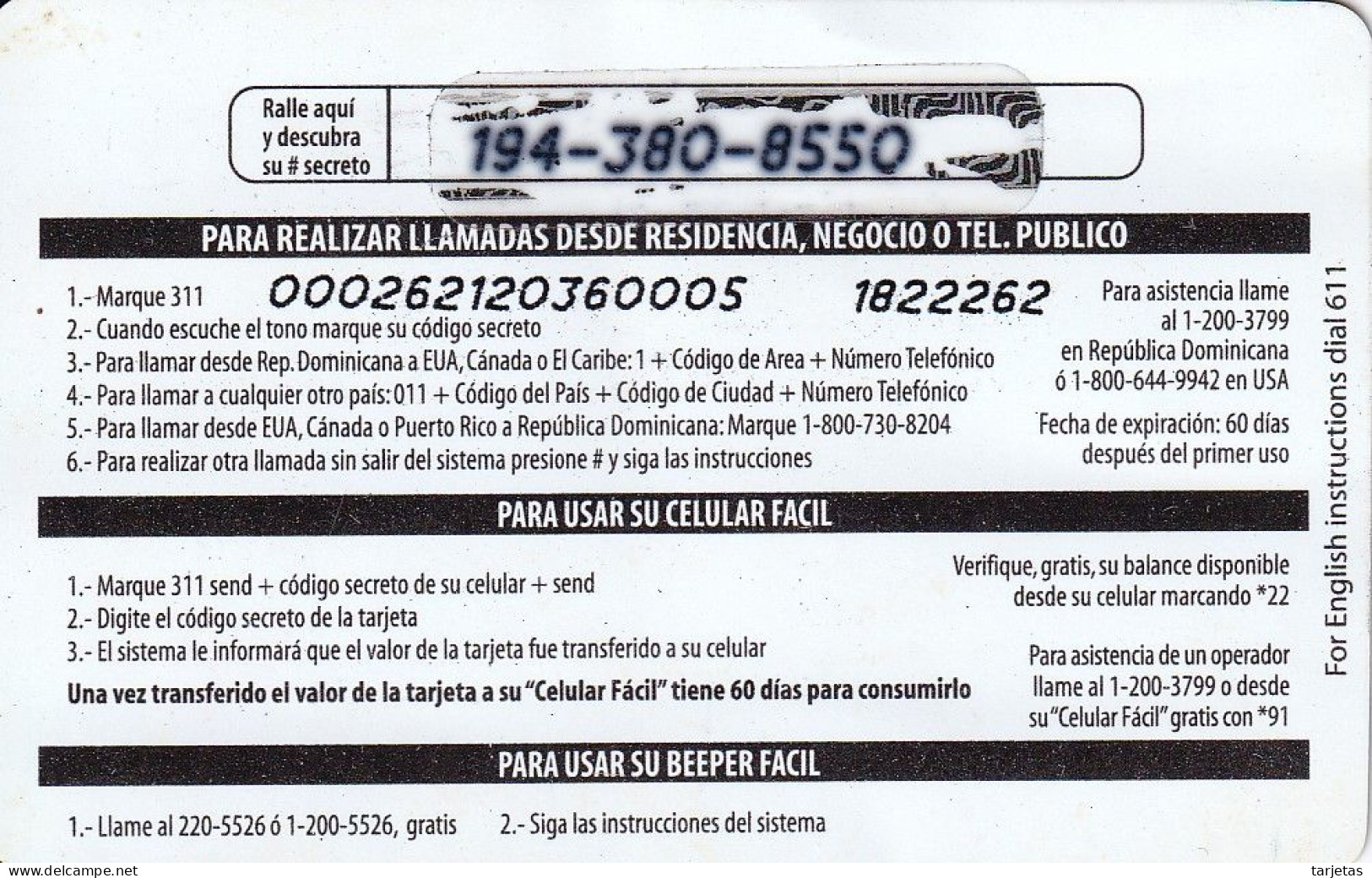 TARJETA DE REPUBLICA DOMINICANA DE COMUNICARD DE CODETEL $45 (NUMERACION CONTROL ARRIBA) - Dominicana