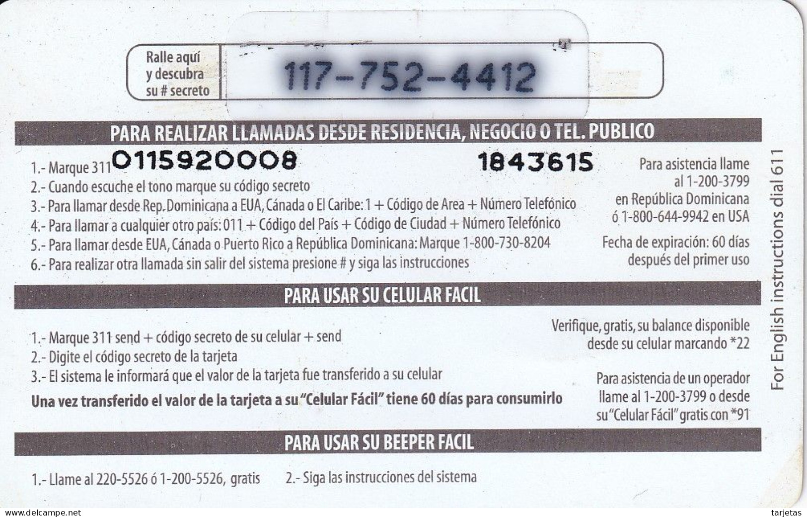 TARJETA DE REPUBLICA DOMINICANA DE COMUNICARD DE CODETEL $95 (NUMERACION CONTROL ARRIBA) - Dominicana