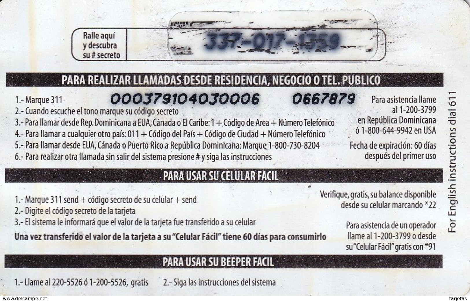 TARJETA DE REPUBLICA DOMINICANA DE COMUNICARD DE CODETEL $145 (NUMERACION CONTROL ARRIBA) - Dominik. Republik