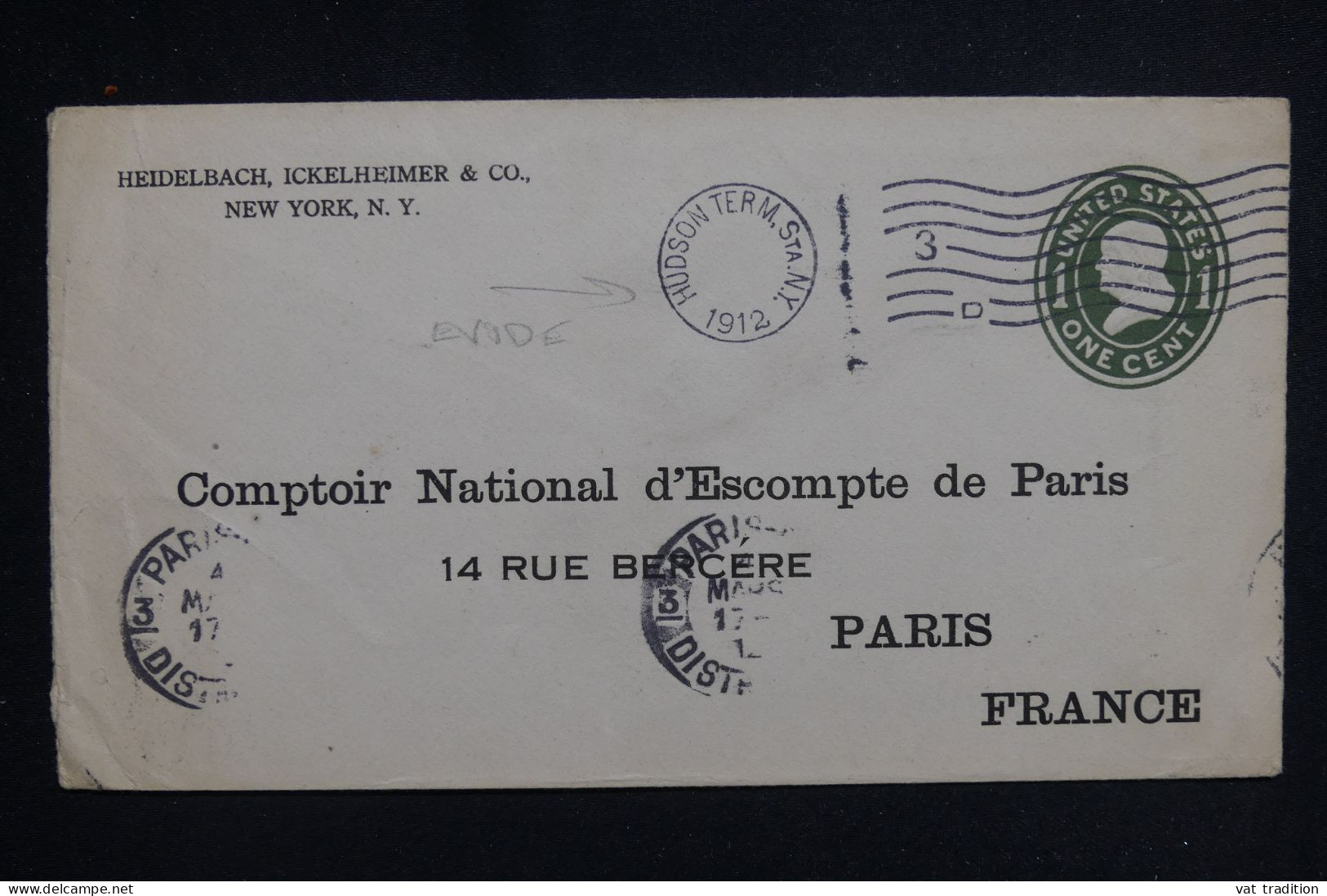 ETATS UNIS - Entier Postal Privé De Hudson Pour La France En 1912 - Cachet évidé - L 143342 - 1901-20