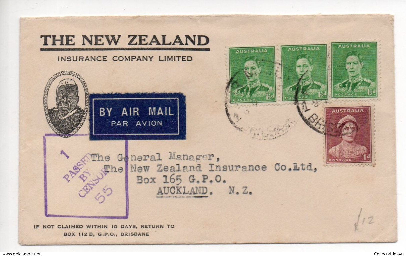 New Zealand Air Mail Cover Censor Cache (c110) - Corréo Aéreo