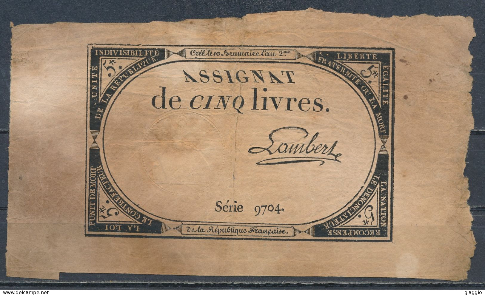 °°° FRANCE ASSIGNAT 5 LIVRES Serie 9704 °°° - Assignats & Mandats Territoriaux