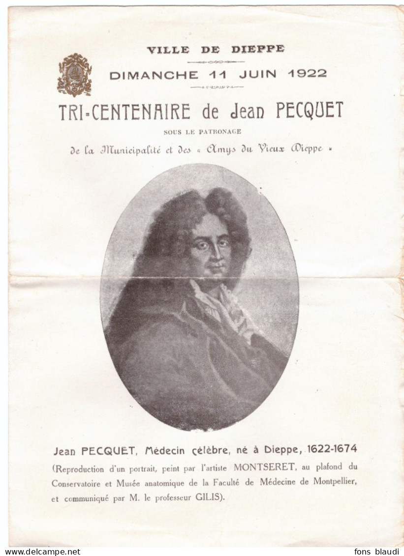 1922 - Dieppe (Seine-Maritime) - Programme + Invitation Au Tricentenaire De Jean Pecquet - PREVOIR FRAIS DE PORT - Programmes