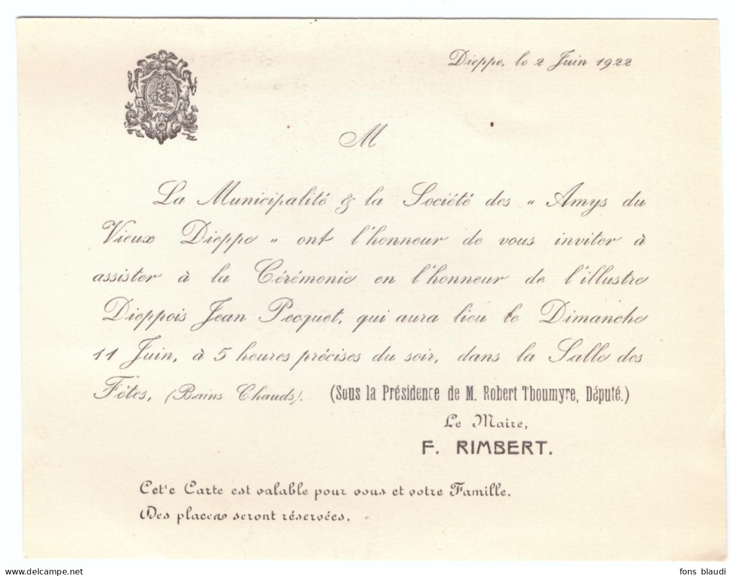 1922 - Dieppe (Seine-Maritime) - Programme + Invitation Au Tricentenaire De Jean Pecquet - PREVOIR FRAIS DE PORT - Programmes