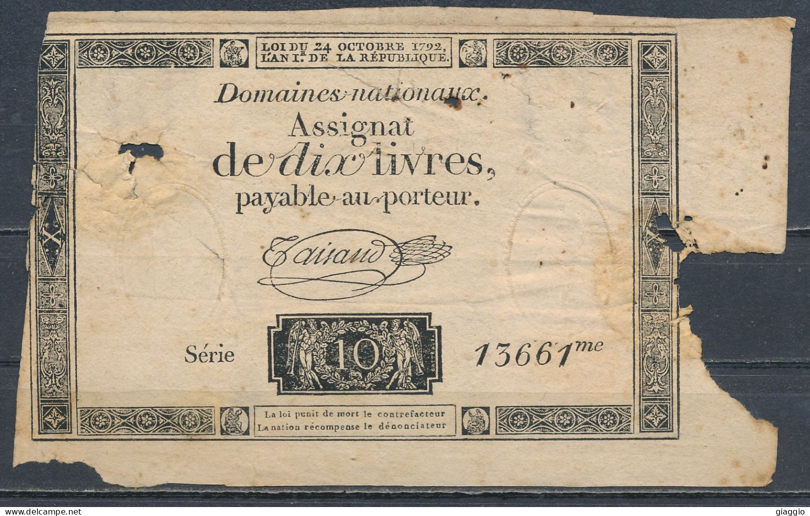 °°° FRANCE ASSIGNAT 10 LIVRES 1792  Serie 13661 °°° - Assignats