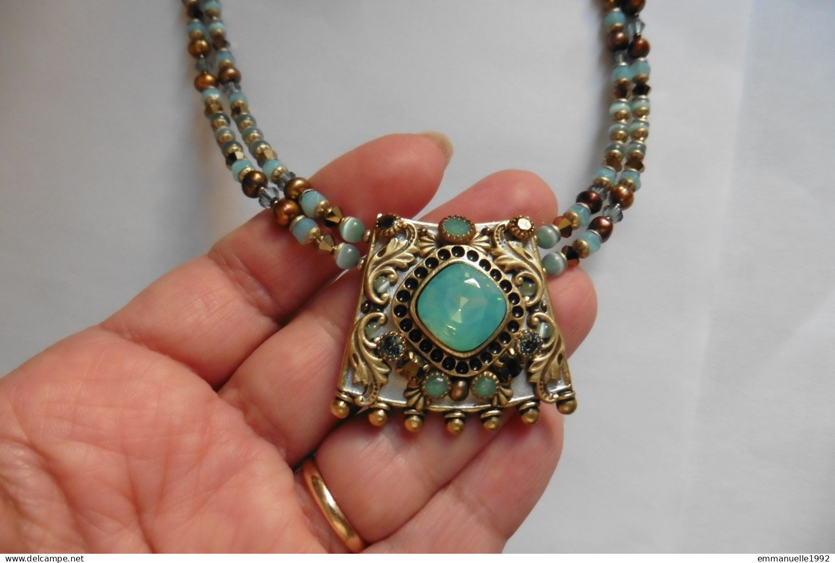 Collier Créateur USA Michal Golan Doré Perles En Cristal Et Amazonite Pendentif Vert Turquoise - Necklaces/Chains