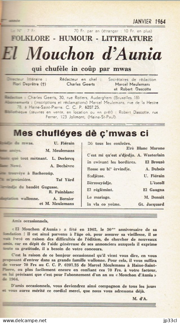 El Mouchon D'Aunia Année 1964 U. Fiérain M. Meulemans Jacquard H. Duval A. Wasterlain A. Dechèvre M. Denuit G. Lejuste - Andere & Zonder Classificatie
