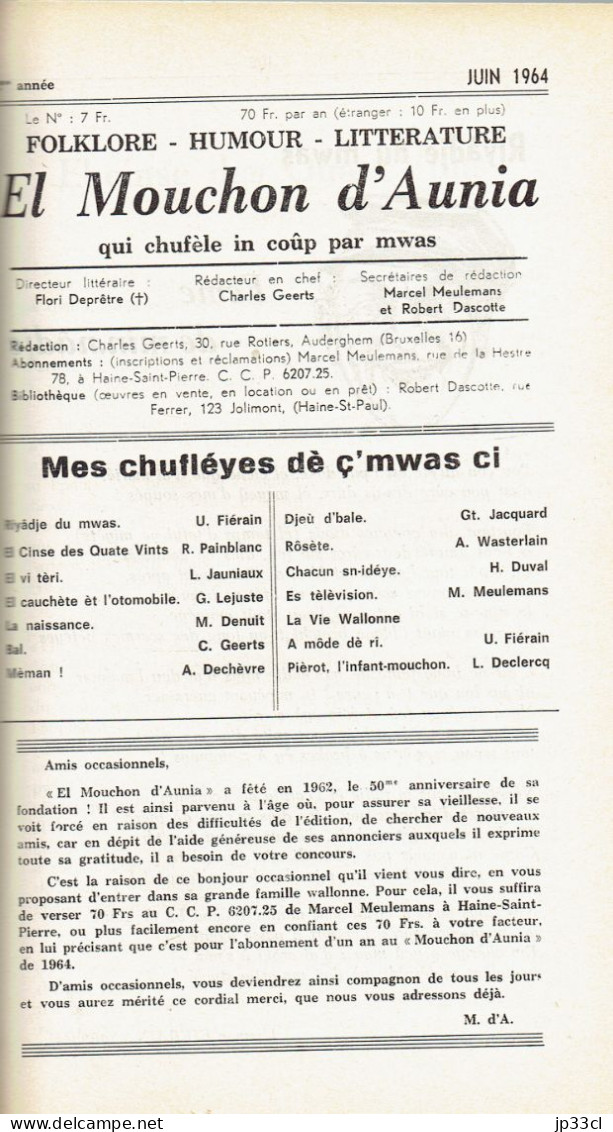 El Mouchon d'Aunia année 1964 U. Fiérain M. Meulemans Jacquard H. Duval A. Wasterlain A. Dechèvre M. Denuit G. Lejuste