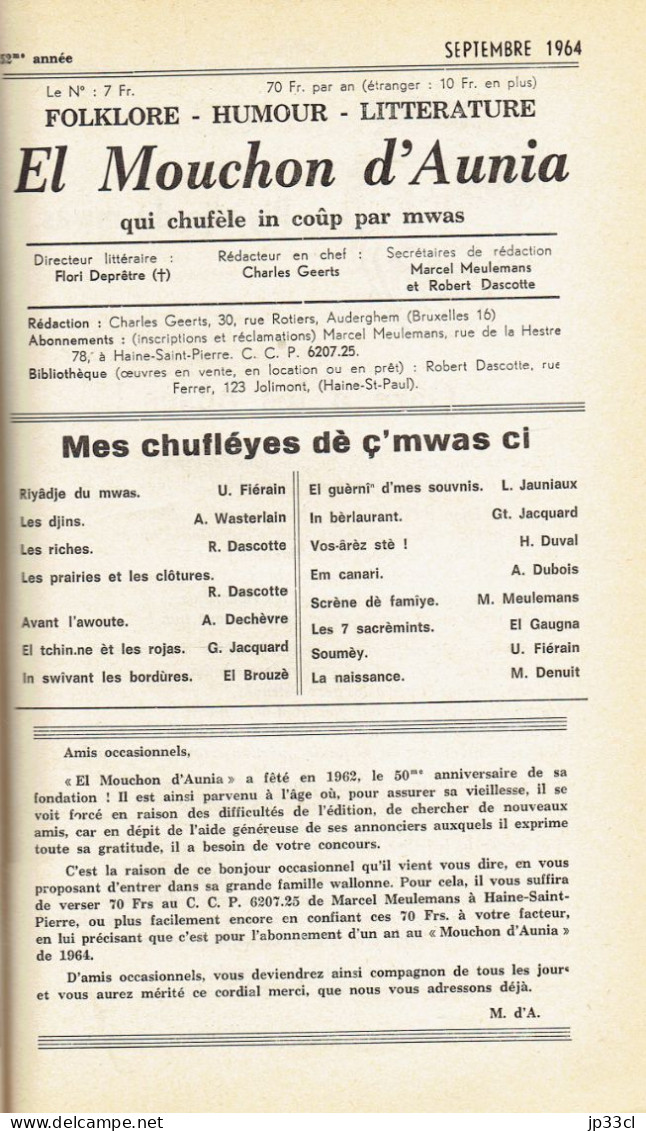 El Mouchon d'Aunia année 1964 U. Fiérain M. Meulemans Jacquard H. Duval A. Wasterlain A. Dechèvre M. Denuit G. Lejuste