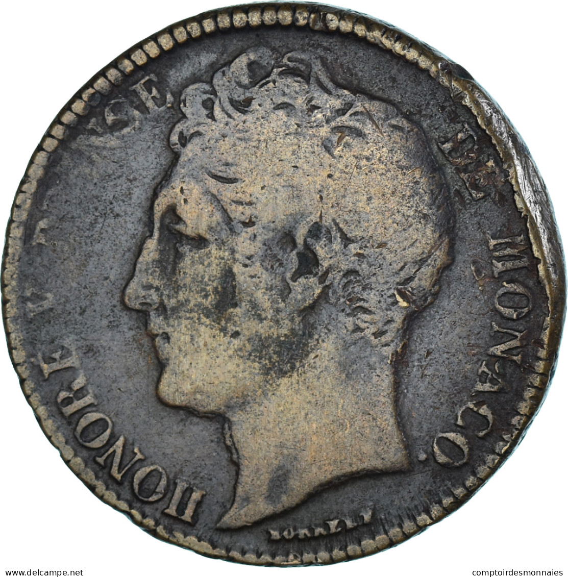 Monnaie, Monaco, Honore V, 5 Centimes, 1837, Monaco, TB, Copper Gilt - Charles III.