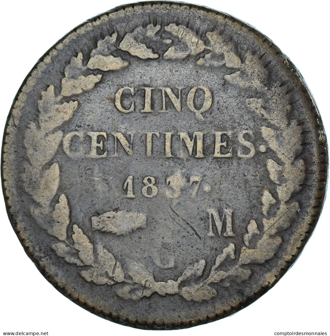 Monnaie, Monaco, Honore V, 5 Centimes, 1837, Monaco, TB, Copper Gilt - 1819-1922 Onorato V, Carlo III, Alberto I