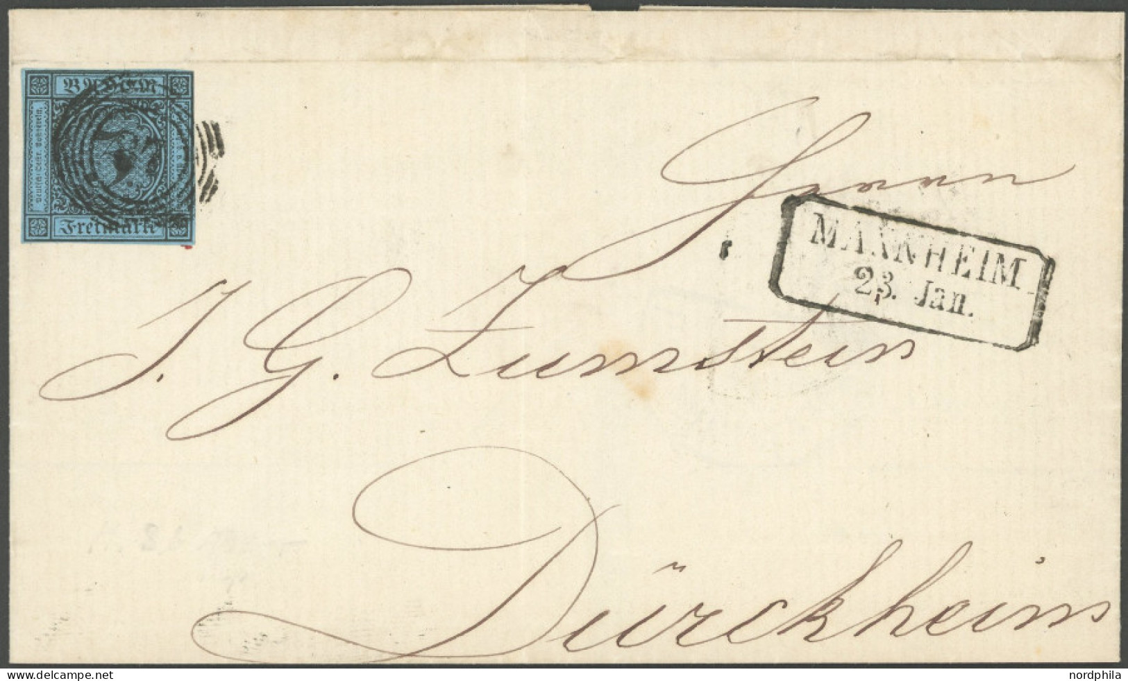BADEN 8 BRIEF, 1859, 3 Kr. Schwarz Auf Blau Auf Brief Mit Nummernstempel 87 Und R2 MANNHEIM Nach Dürckheim, Brief Feinst - Other & Unclassified