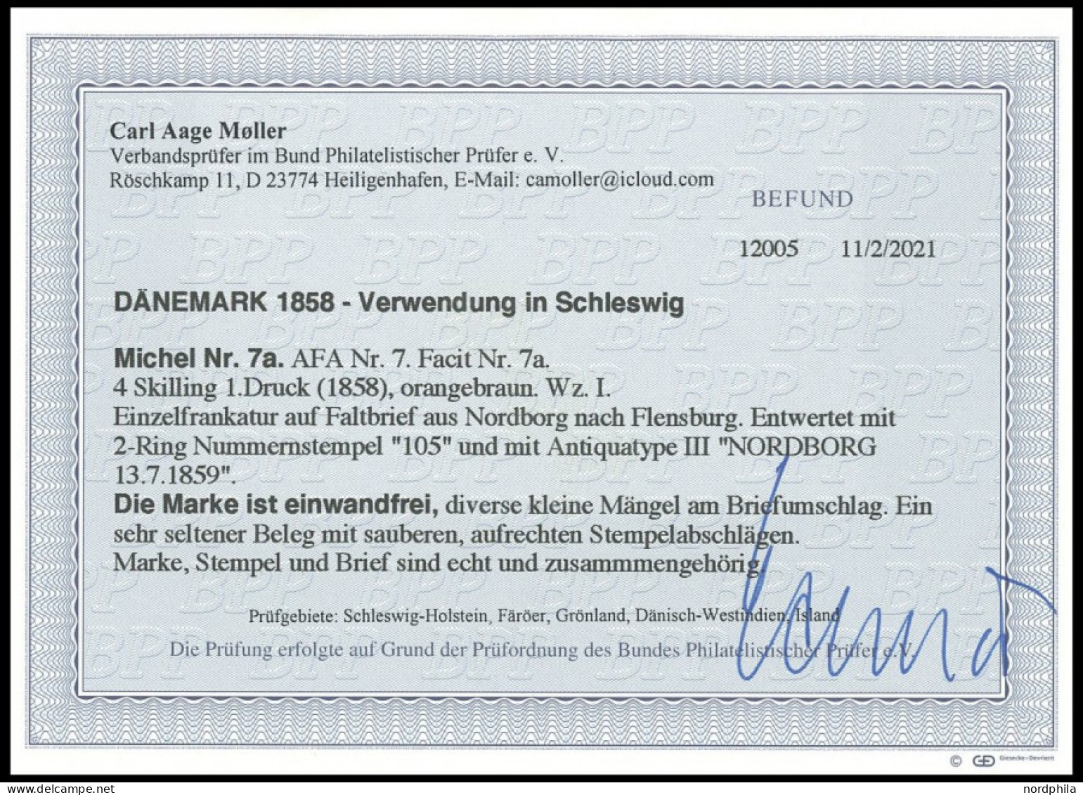 SCHLESWIG-HOLSTEIN DK 7a BRIEF, 105 (NRODBORG) Auf 4 S. Orangebraun Liniert, Prachtstück Auf Brief Nach Flensburg, Fotob - Schleswig-Holstein