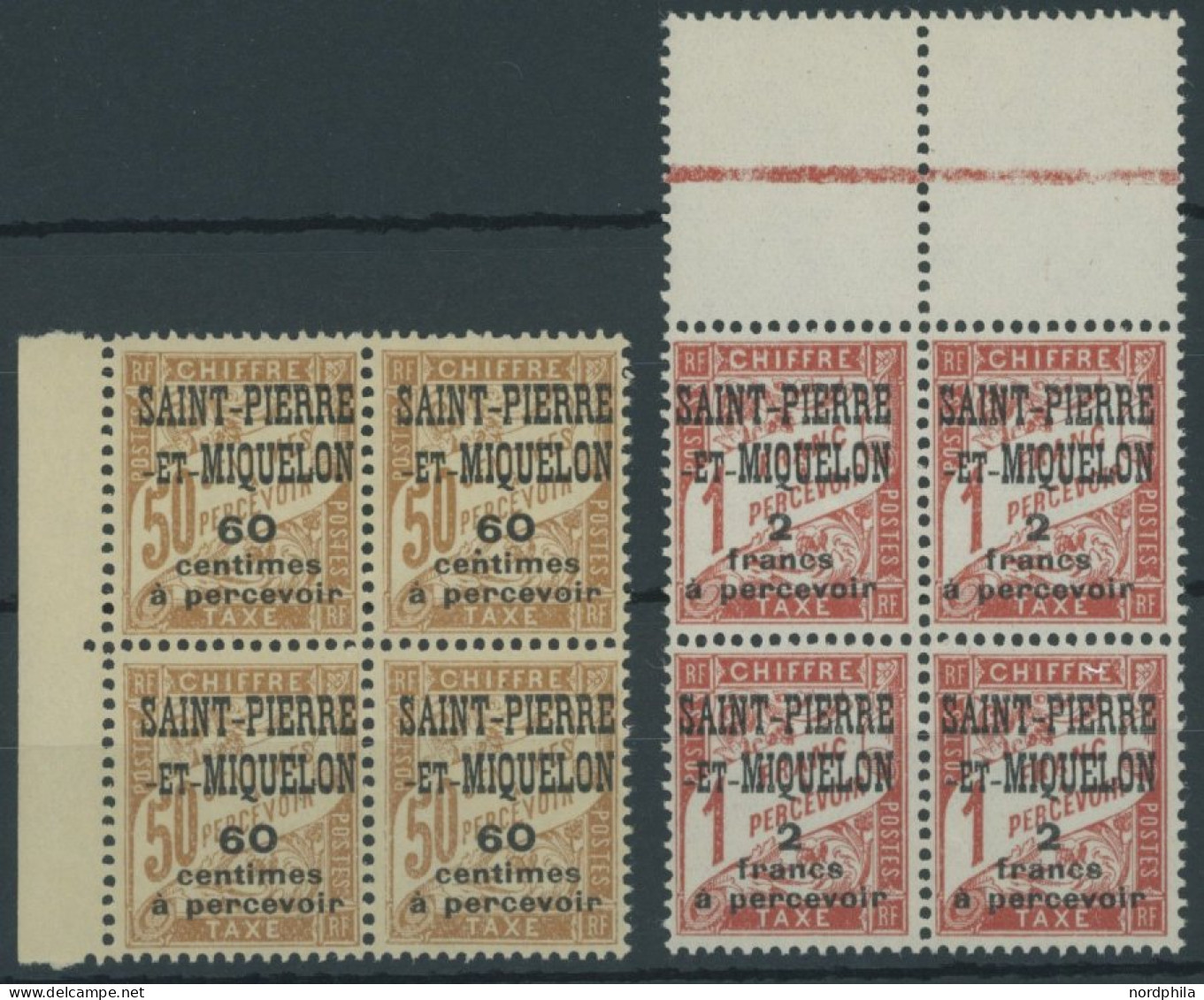 ST. PIERRE UND MIQUELON P 19/20 VB **, 1925, 60 C. Auf 50 C. Gelbbraun Und 2 Fr. Auf 1 Fr. Zinnober In Randviererblocks, - Unused Stamps