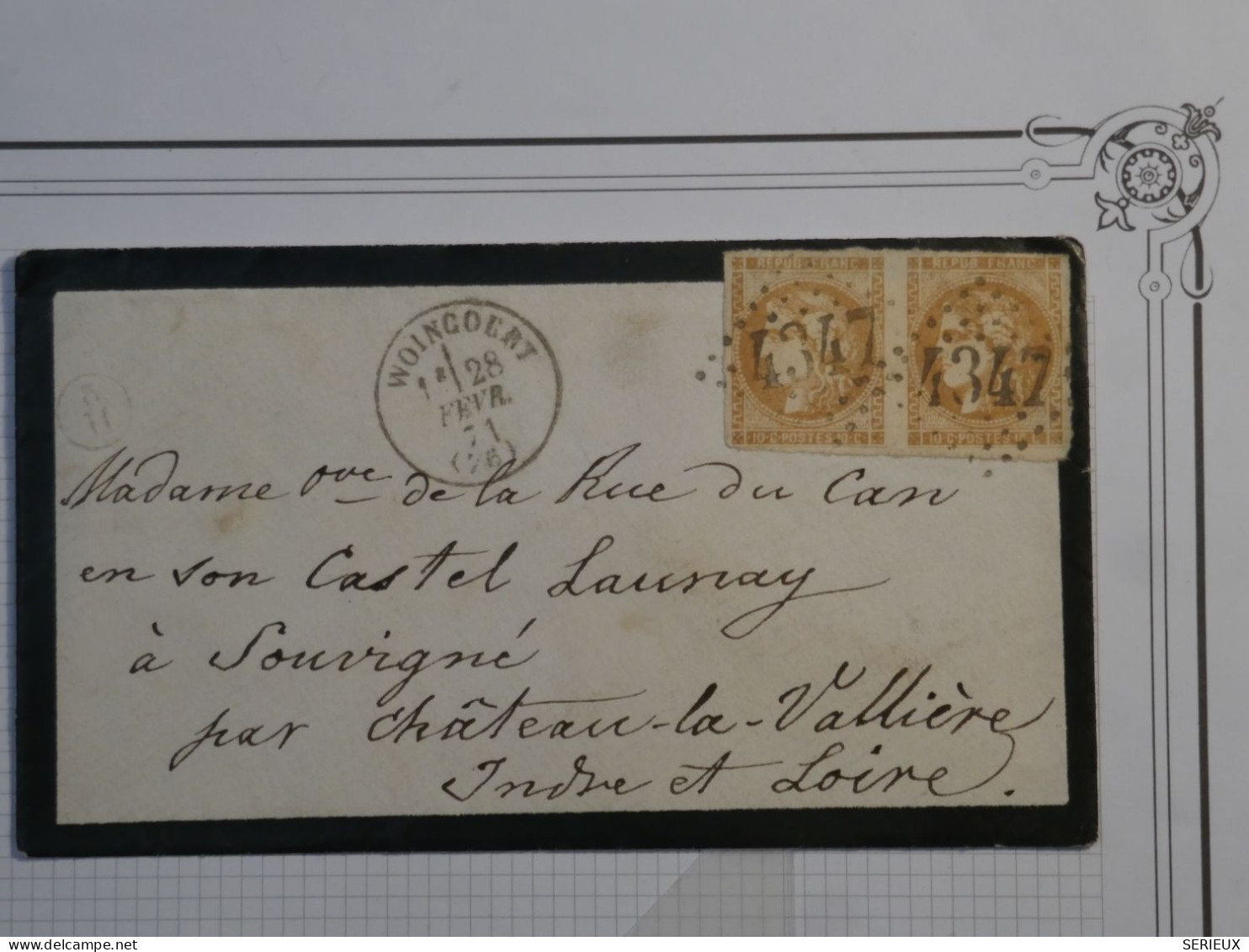 BR14 FRANCE BELLE LETTRE RRR 28 FEVR.1871 WOINCOURT A SOUVIGNé+ EMISSION BORDEAUX PAIRE  N° 43 GC 4347 +AFF.  PLAISANT+ - 1870 Uitgave Van Bordeaux