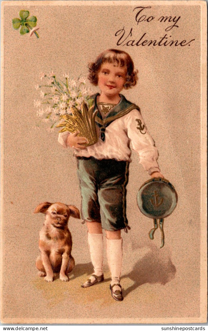 Valentine's Day Young Boy With Dog And Flowers To My Valentine Embossed - Saint-Valentin