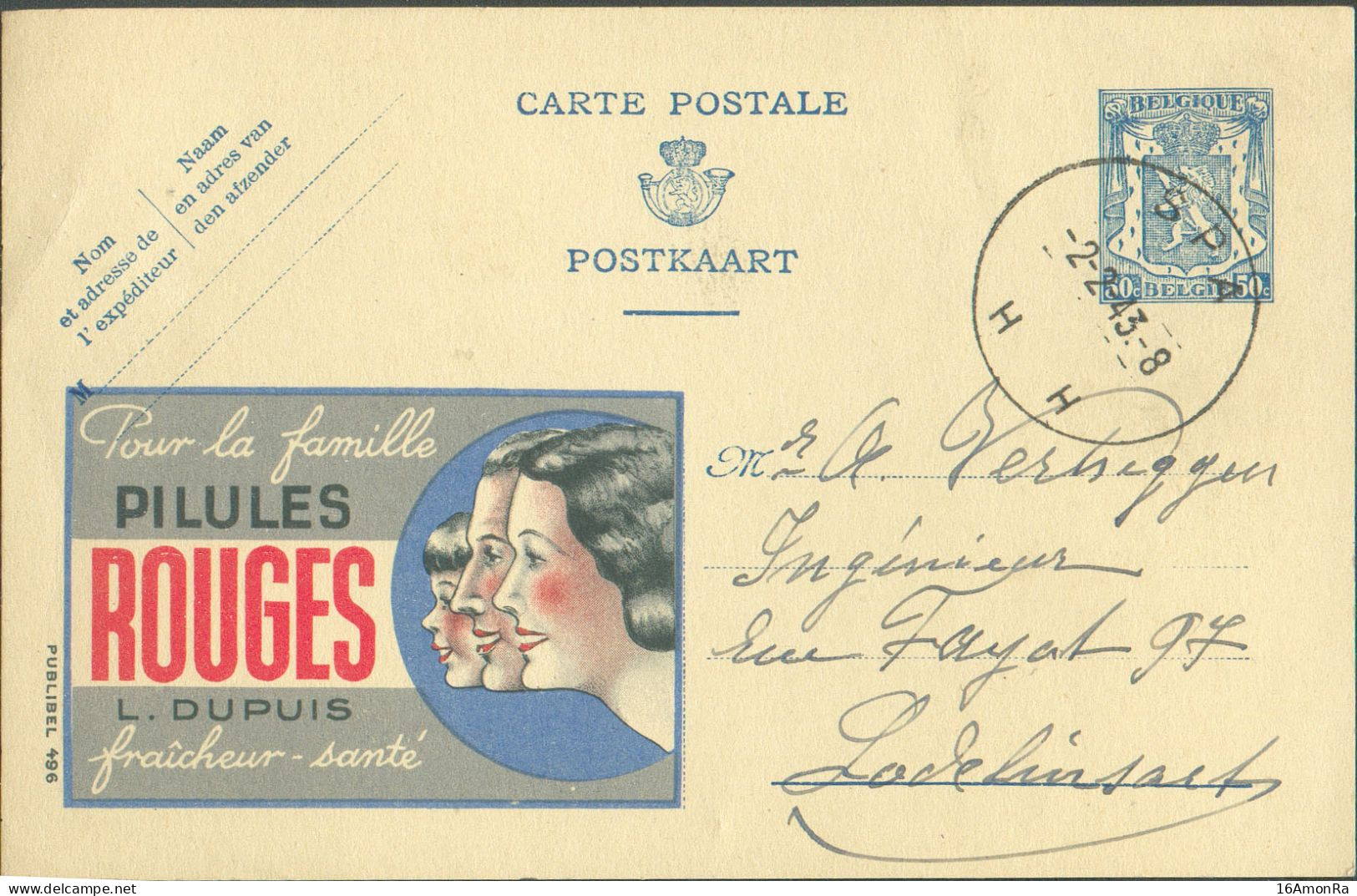 E.P. Carte Publibel 496 (PILULES ROUGES DUPUIS Santé) 50c. Lion Obl. Sc SPA 2-2-1943 Vers Lodelinsart  - 20968 - Werbepostkarten