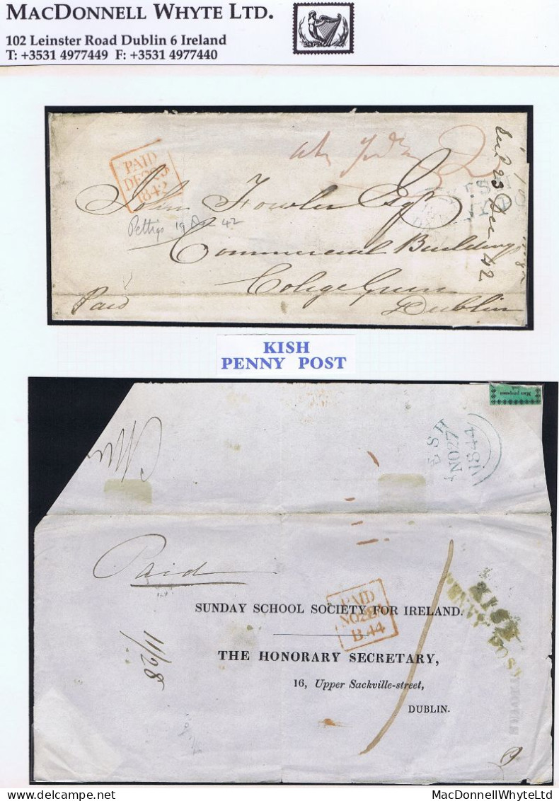 Ireland Fermanagh Donegal 1842 Blue And 1844 KISH/PENNY POST To Dublin - Prephilately