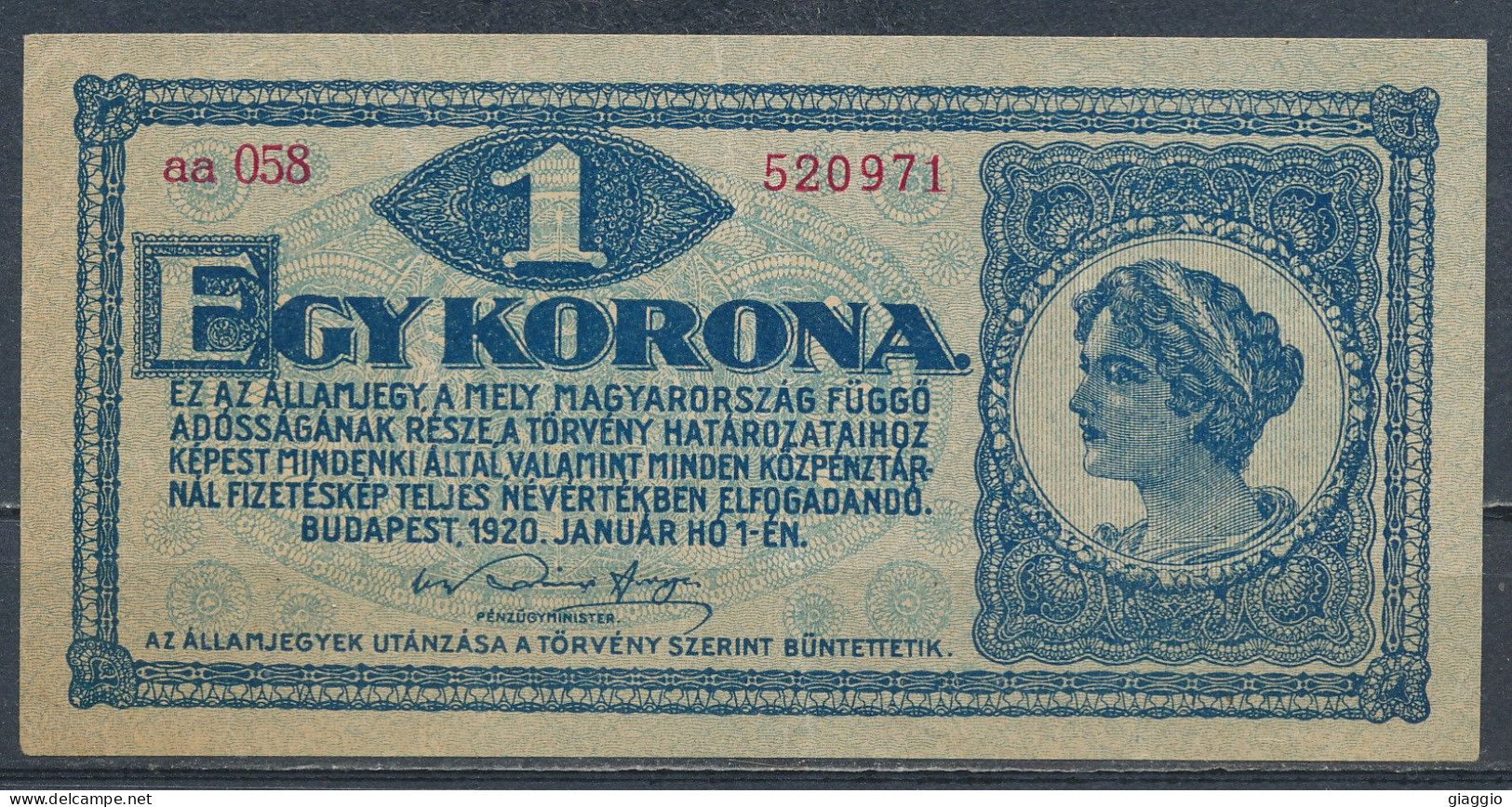 °°° HUNGARY - 1 EGY KORONA 1920 °°° - Hongrie