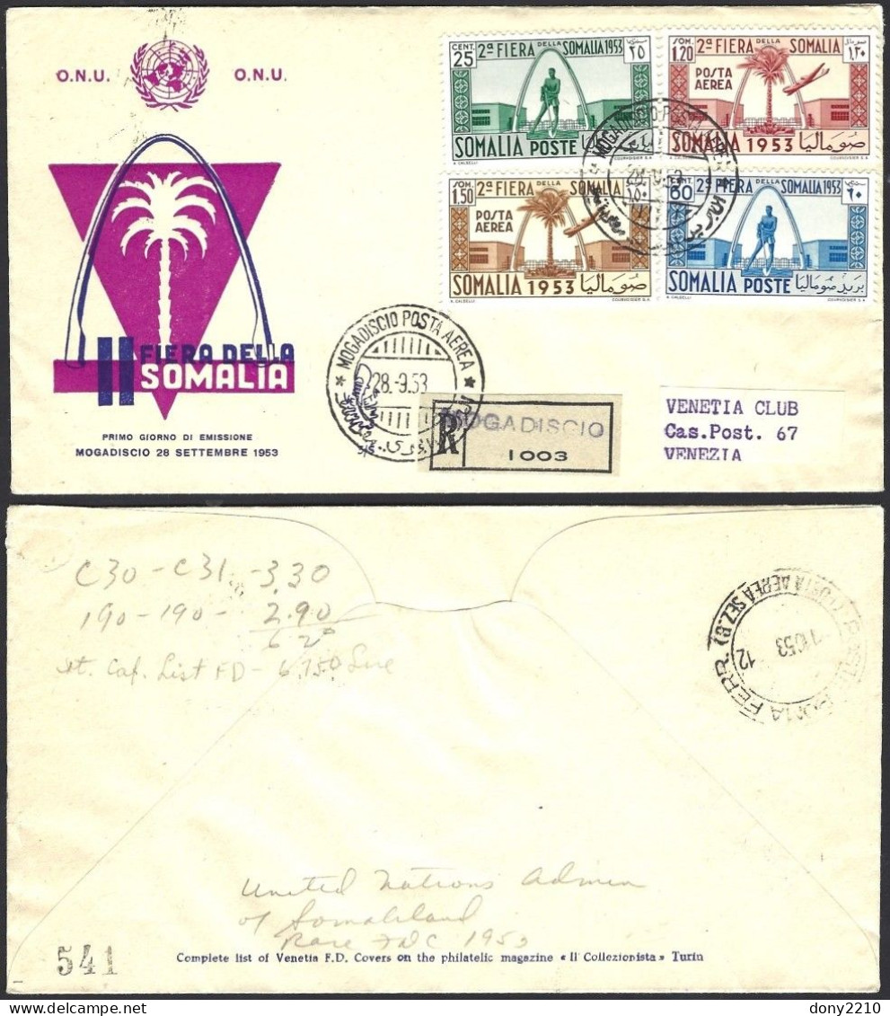 Fdc Venetia Som 1953 5s II Fiera Della Somalia Raccomandata - Somalia (AFIS)