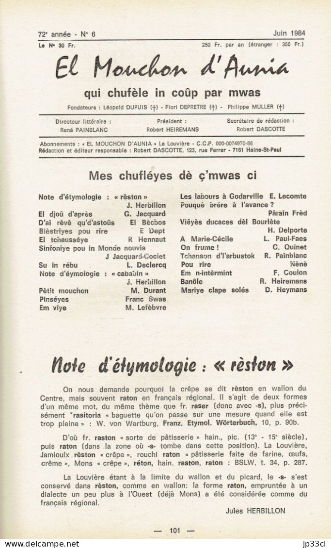 El Mouchon d'Aunia année 1984 R. Painblanc J. Herbillon R. Dascotte D. Heymans Ch Quinet M. Durant H. Delporte