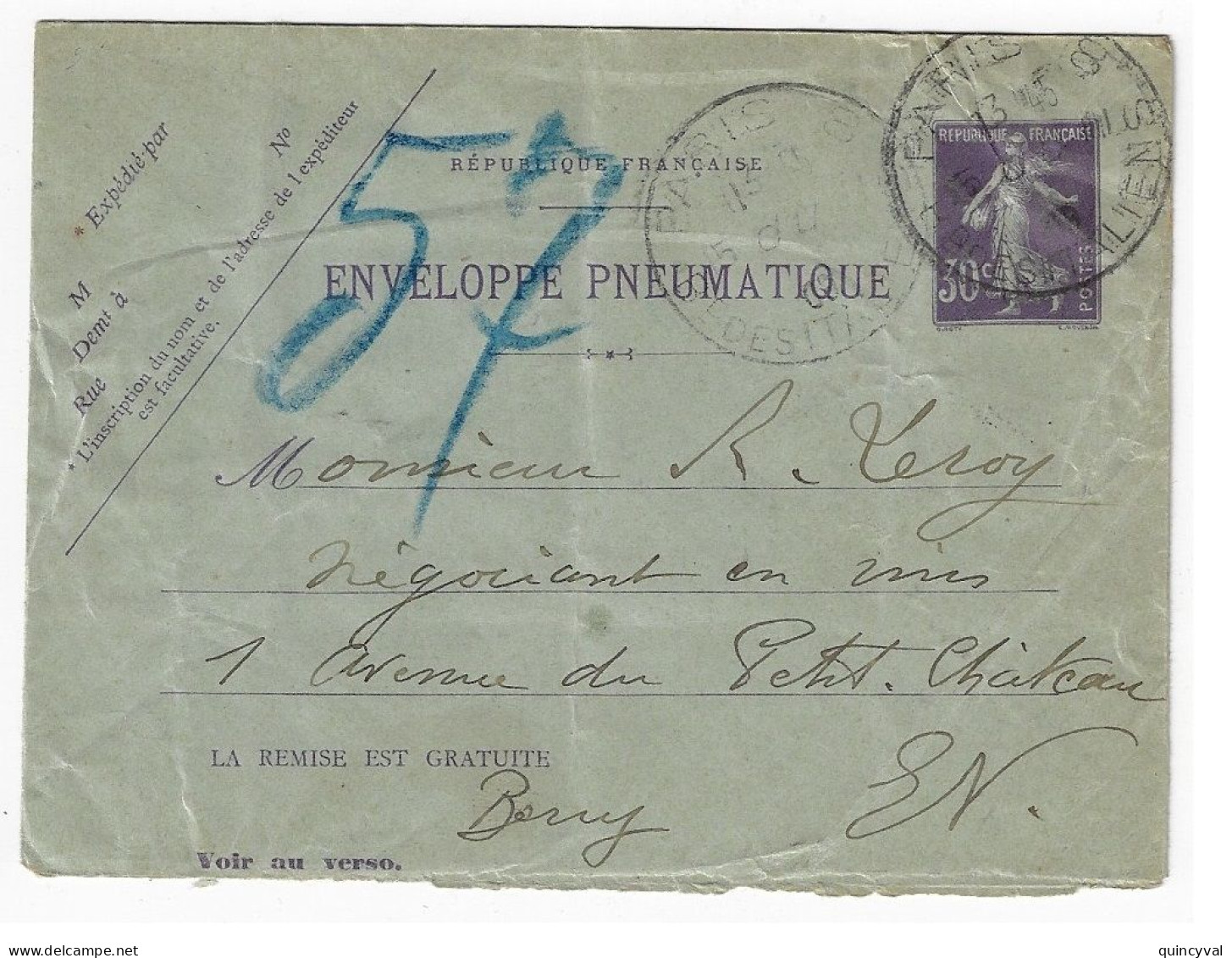 PARIS 8 Italiens Pneumatique Enveloppe Entier 30c Semeuse Violet Yv EPP2 Storch K2 Verso 16 Lignes 20 Villes Ob 11 1909 - Rohrpost