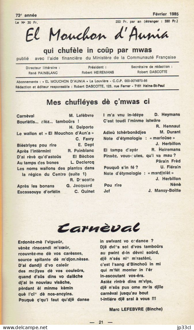 El Mouchon D'Aunia Année 1985 J. Herbillon U. Fiérain R. Dascotte R. Painblanc H. Delporte D. Heymans M. Lefebvre - Sonstige & Ohne Zuordnung