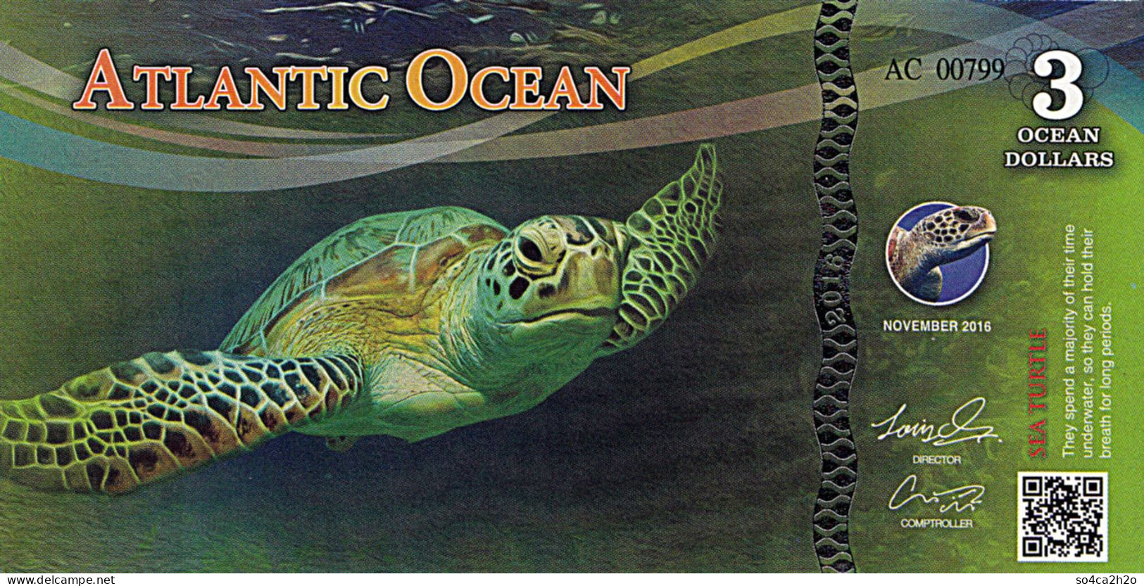 Atlantic Océan 3 Dollars Océan  Novembre 2016 UNC Tortue De Mer - Fictifs & Spécimens