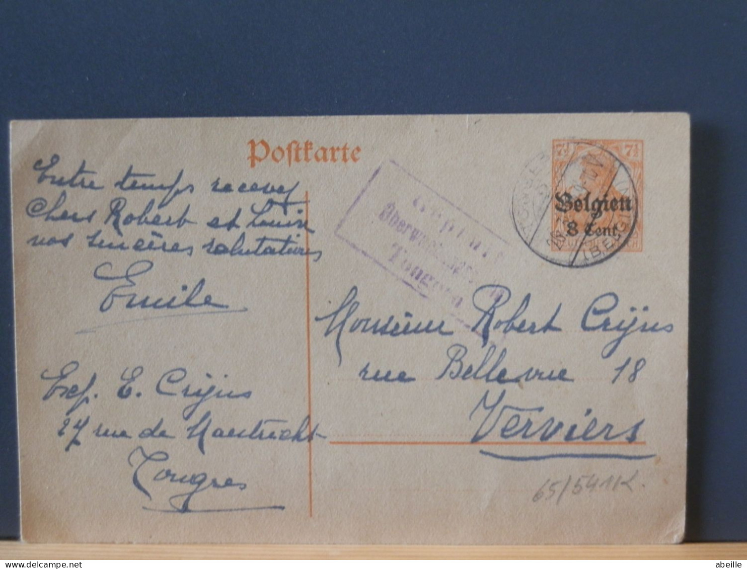 65/541K   CP BELG. OBL. TONGEREN CENSURE  1918 - OC38/54 Belgian Occupation In Germany