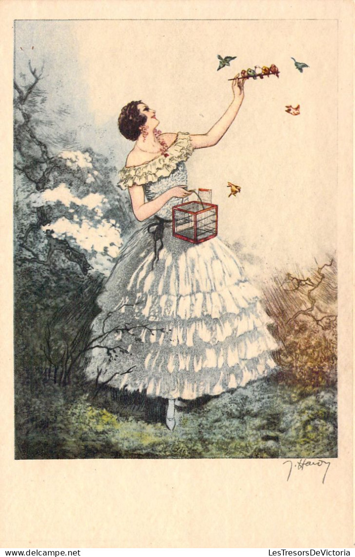 ILLUSTRATEUR  SIGNE - Femme En Robe Ouvre La Cage à Ses Oiseaux - Hardy - Carte Postale Ancienne - Sonstige & Ohne Zuordnung