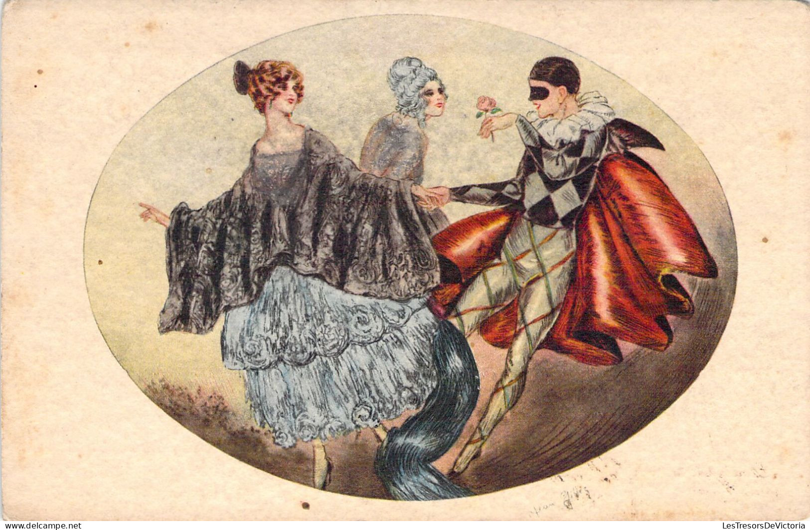 ILLUSTRATEUR Non SIGNE - Femme En Robe Noire Et Blanche Danse Avec Arlequin  - Carte Postale Ancienne - Non Classés