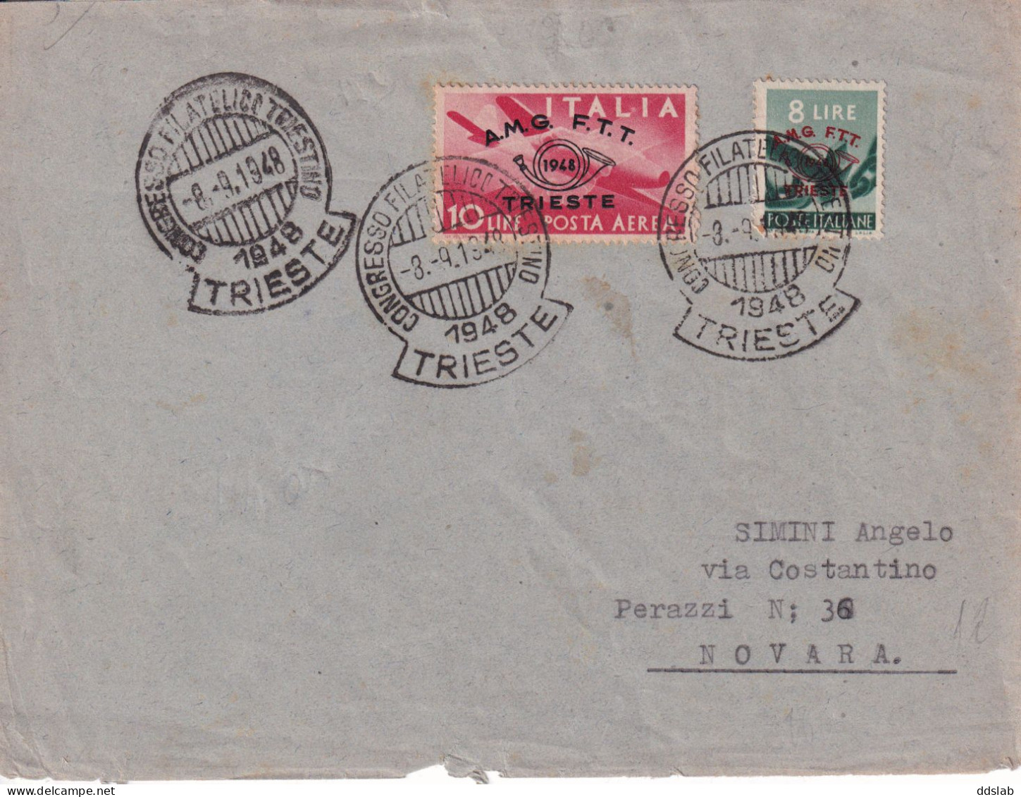 8/9/1948 - AMG FTT - Da Trieste Per Novara - Congresso Filatelico Triestino - 10L Posta Aerea (Uni A17) + 8L (Uni 30) - Luchtpost