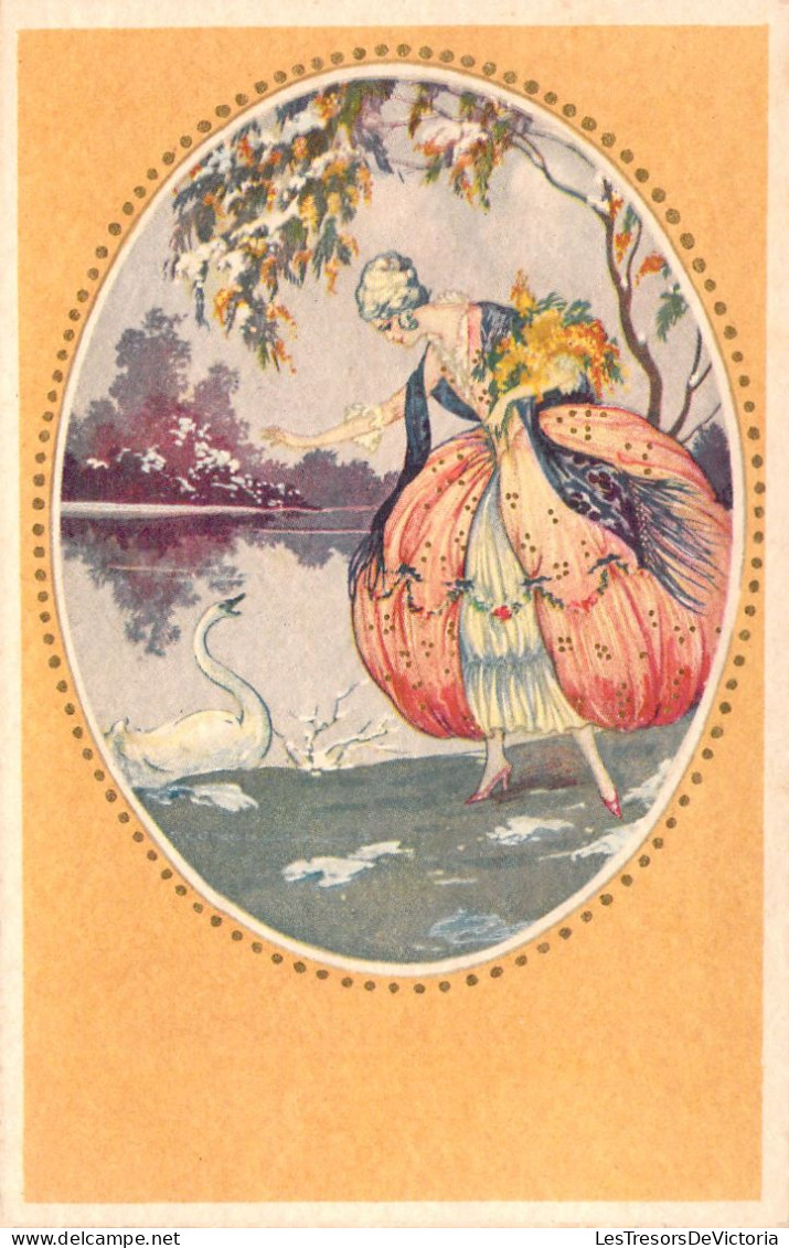 ILLUSTRATEUR Non SIGNE - Femme En Robe Au Bord Du Lac Nourrit Un Cygne  - Carte Postale Ancienne - Zonder Classificatie