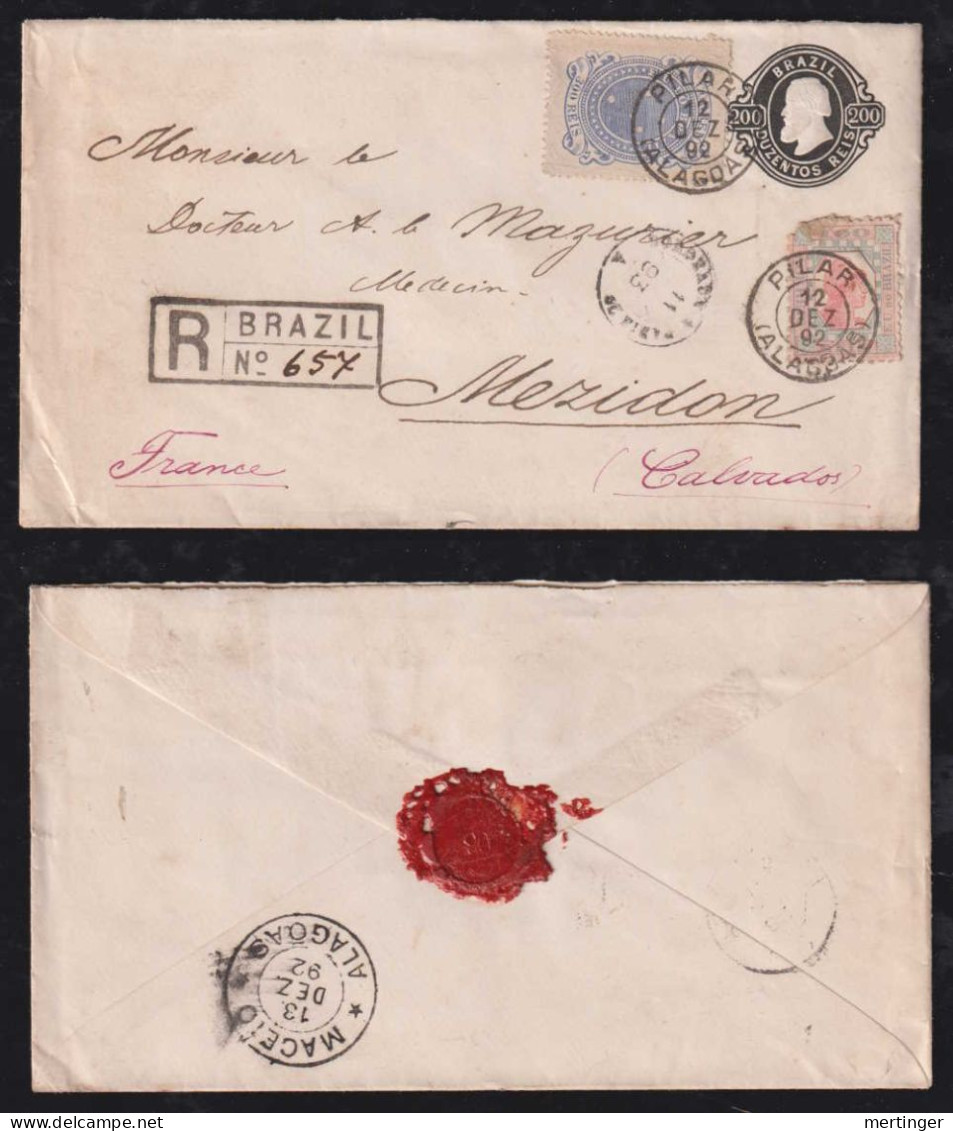 Brazil Brasil 1892 Uprated Registered Staionery Envelope PILAR X MEZIDON France - Covers & Documents