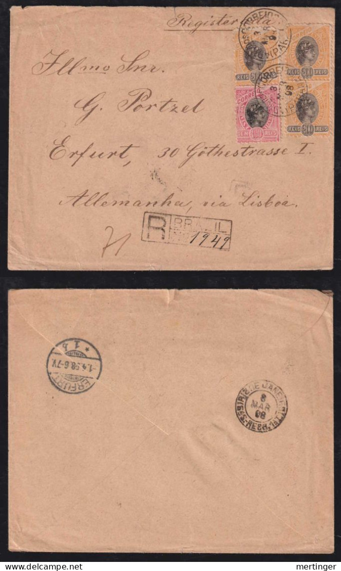 Brazil Brasil 1898 Registered Cover 3x200R + 100R Madrugada PARANA X ERFURT Germany Via RIO - Cartas & Documentos