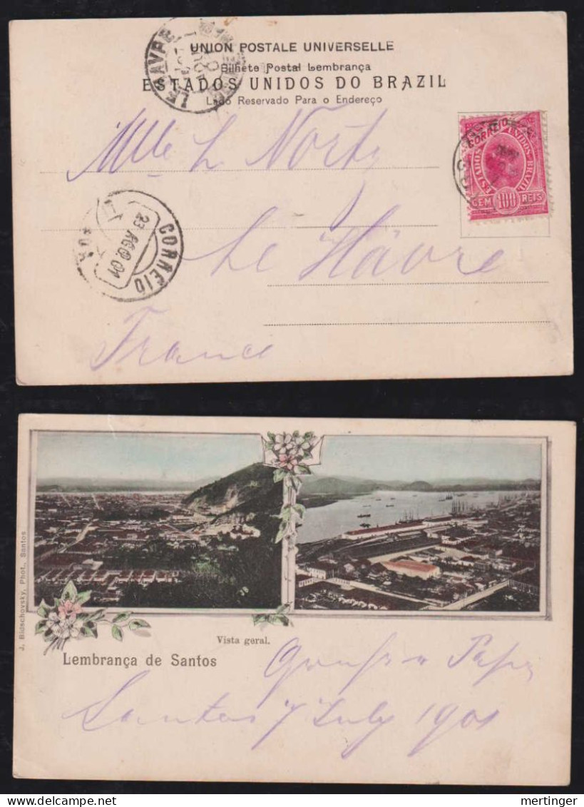 Brazil Brasil 1901 Picture Postcard SANTOS X LE HAVRE France Via LISBOA - Brieven En Documenten