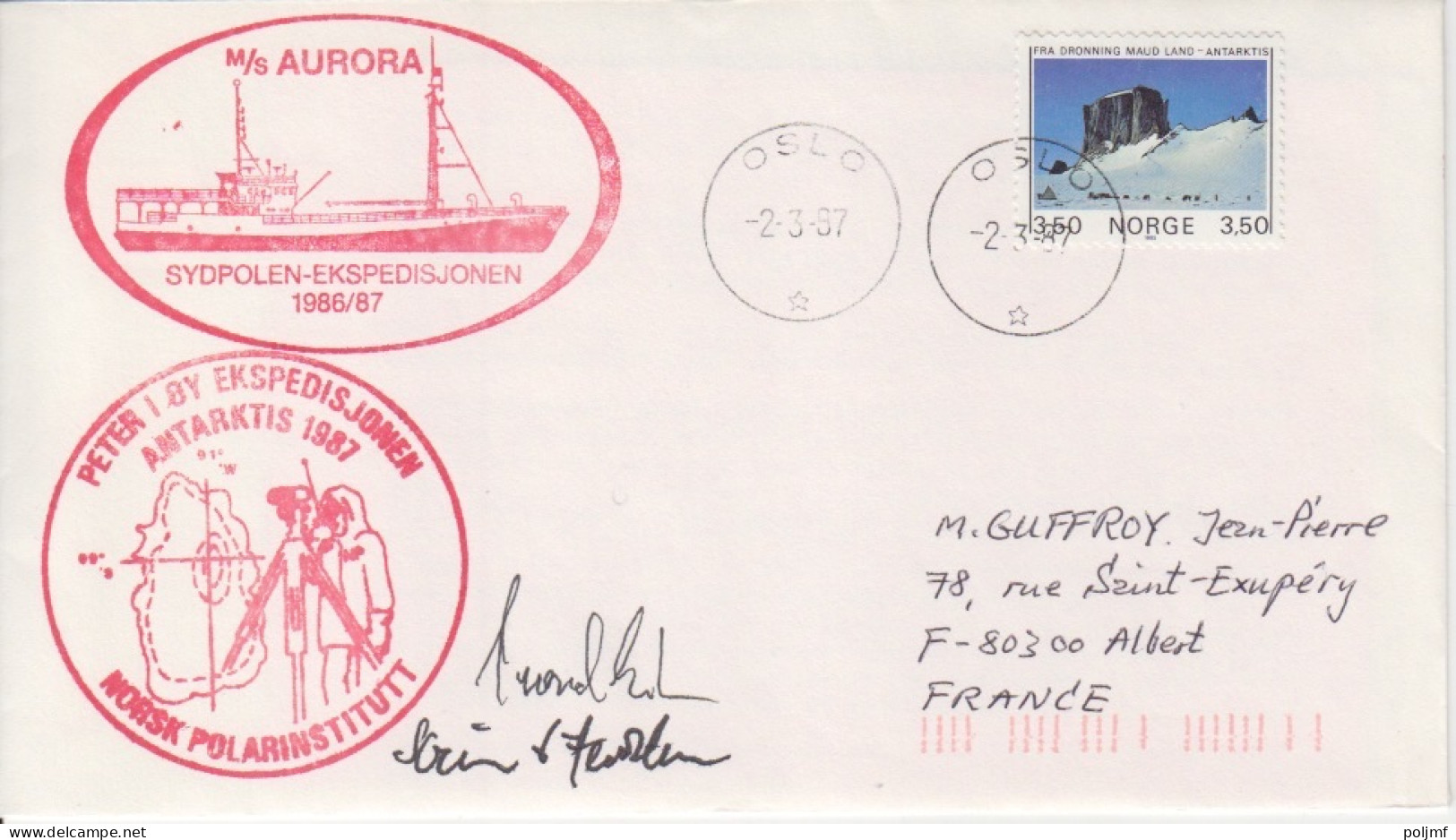Lettre Obl. Oslo Le 2/3/87 Sur N° 875 + Expédition 87 Avec Signatures + M/S Aurora - Brieven En Documenten