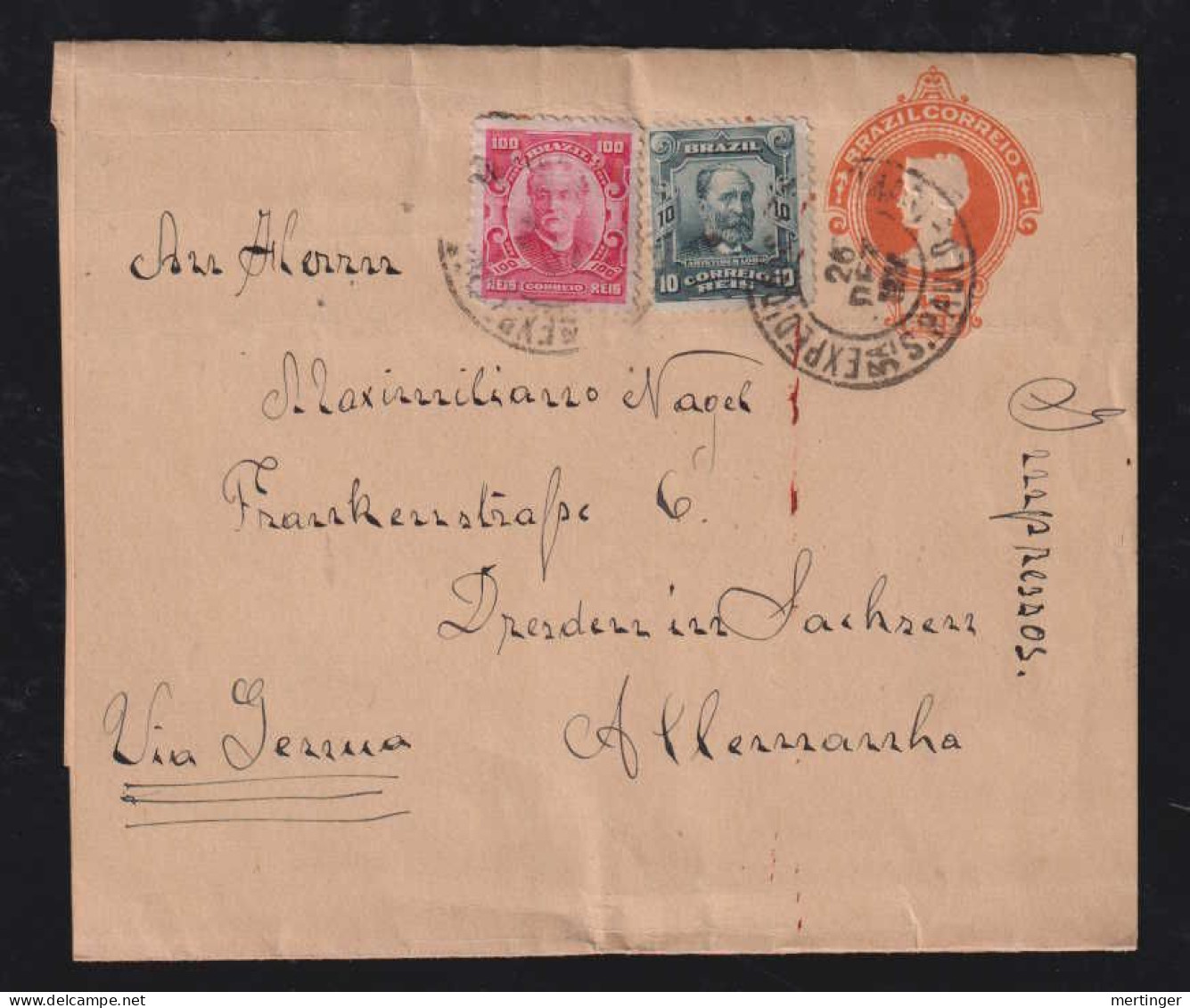 Brazil Brasil 1914 Uprated Stationery Wrapper SAO PAULO X DRESDEN Germany 150R Rate - Briefe U. Dokumente